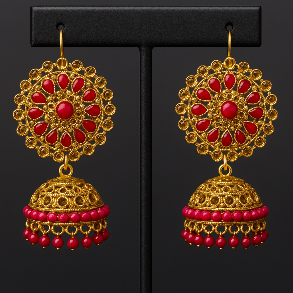 Traditional Megenta & Gold Dome Jhumka Earrings