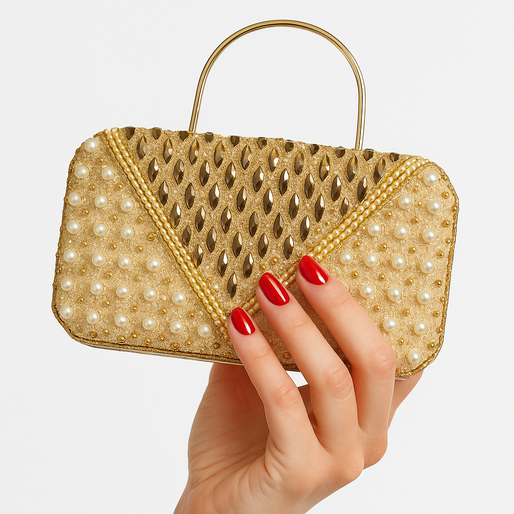 Golden Pearl & Crystal Embellished Clutch