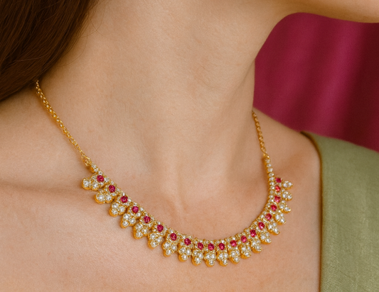 Gold-Plated CZ Necklace & Earrings Set with Ruby Accents