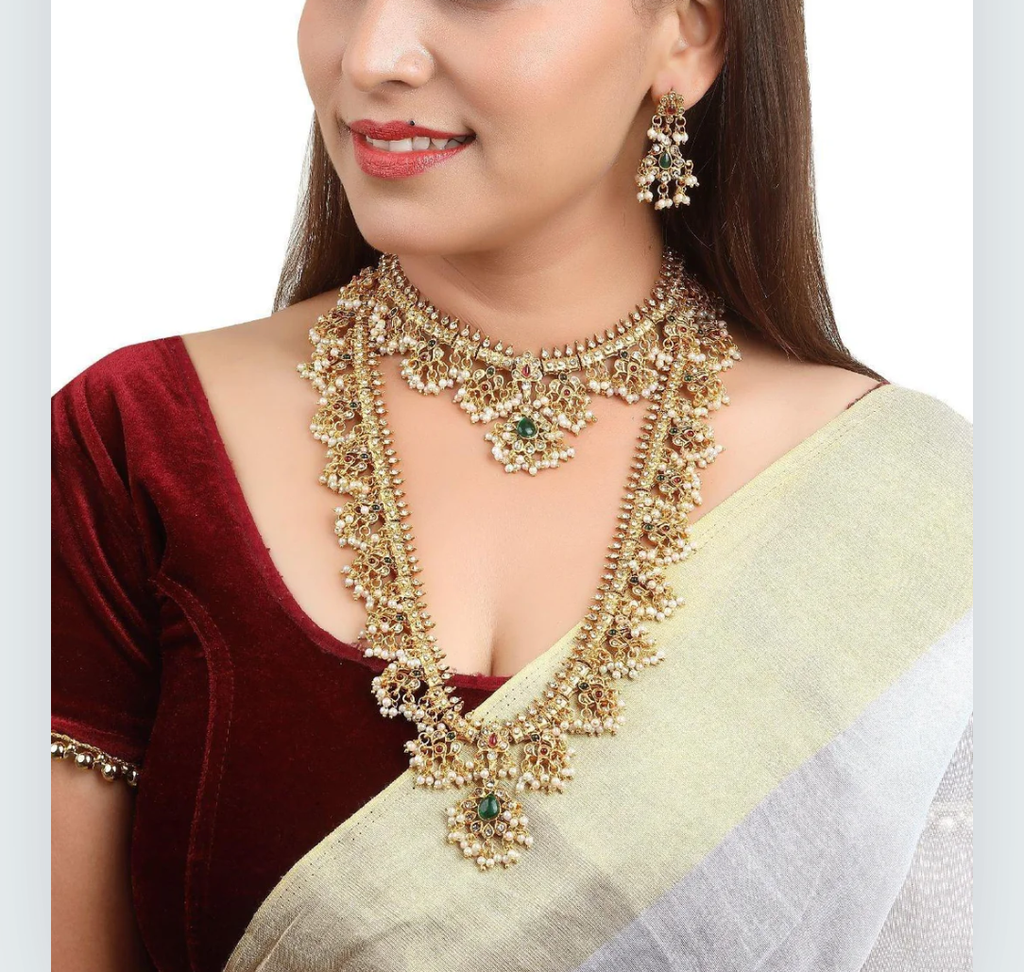 Traditional Gold-Toned Long and Short Necklace Set