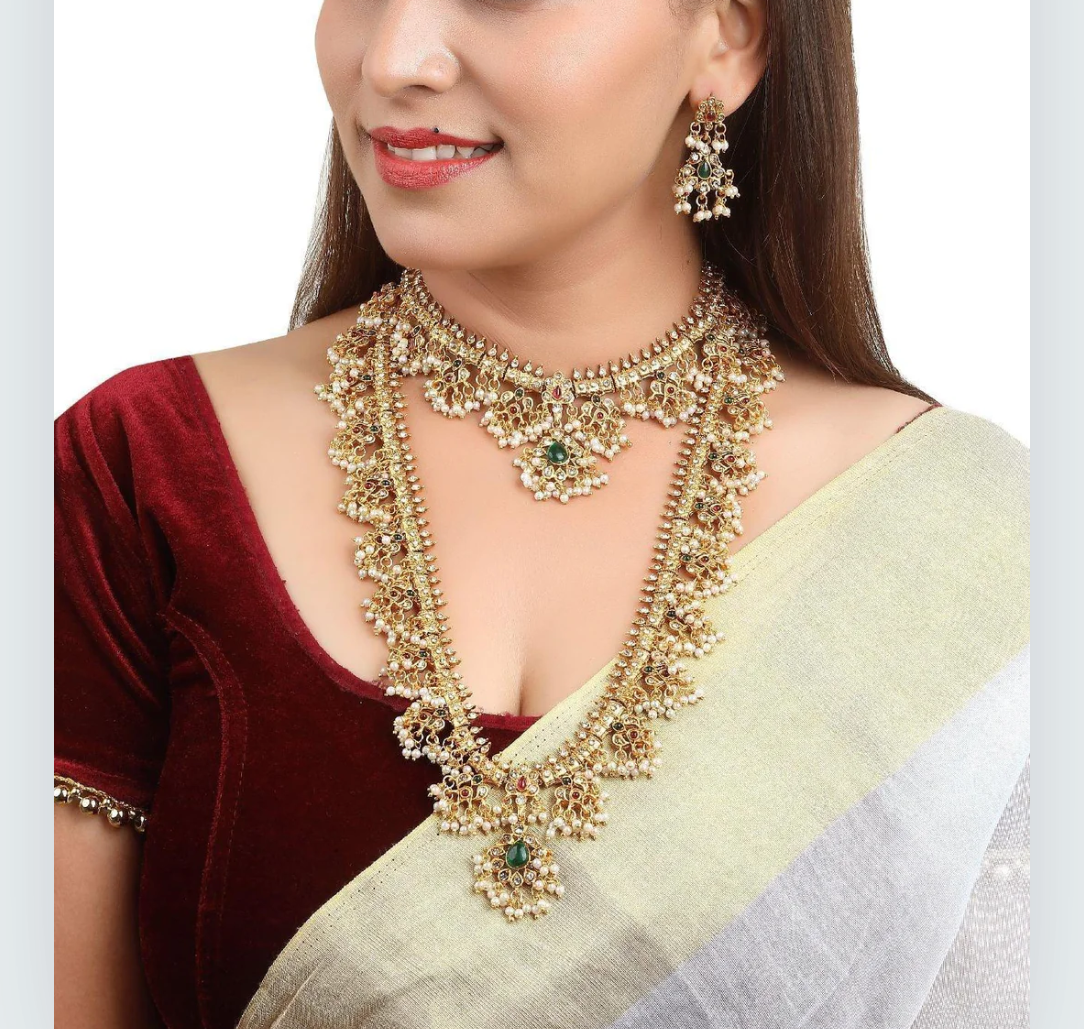 Traditional Gold-Toned Long and Short Necklace Set