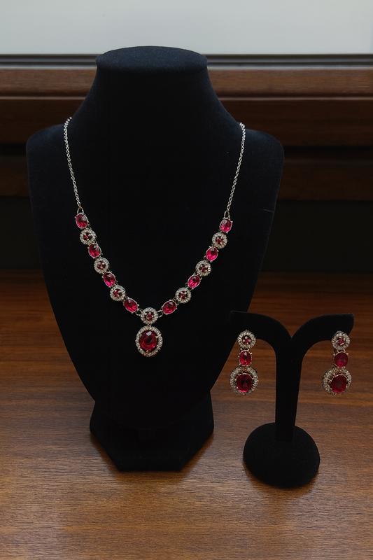 Ruby Red Stone Necklace & Earrings Set