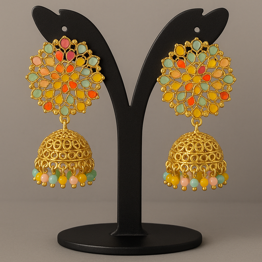 Multicolor Floral Dome Jhumka Earrings with Beaded Drops