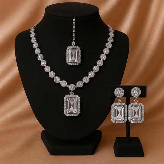 Silver Crystal Necklace, Earrings & Maang Tikka Set