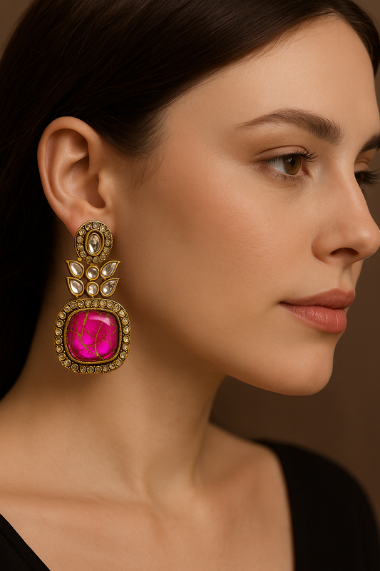 Royal Pink Stone Gold-Plated Statement Earrings