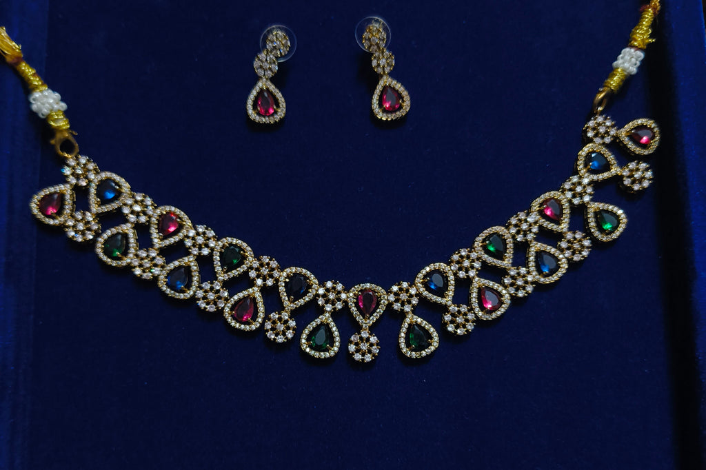 AD Stone Necklace Set – Ruby & Emerald Teardrop Design with Matching Earrings