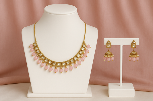 Gold-Plated Kundan Necklace Set with Pink Beads & Jhumka Earrings