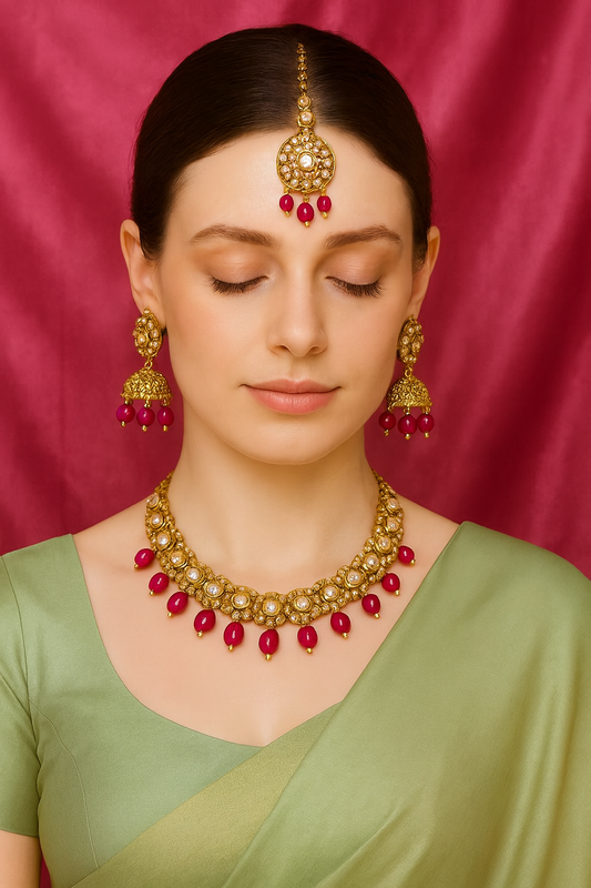 Gold-Plated Kundan Bridal Jewellery Set with Megenta Beads
