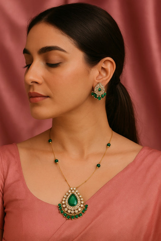 Green Kundan Pendant Necklace & Earrings Set