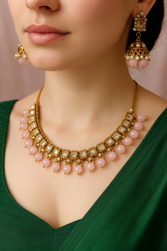 Gold-Plated Kundan Necklace Set with Pink Beads & Jhumka Earrings