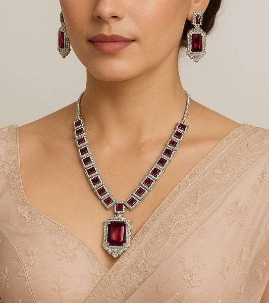 Wine Stone & Diamond Necklace Set