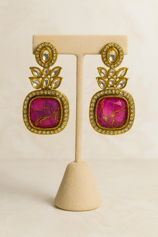 Royal Pink Stone Gold-Plated Statement Earrings