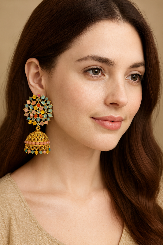 Multicolor Floral Dome Jhumka Earrings with Beaded Drops