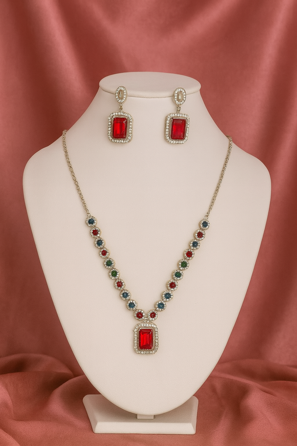 Red and Blue stone Statement jewellery set