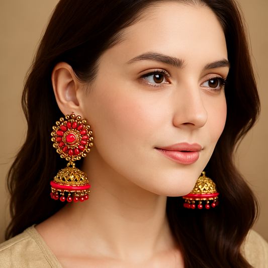 Traditional Megenta & Gold Dome Jhumka Earrings
