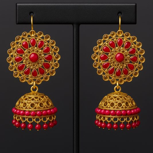 Traditional Megenta & Gold Dome Jhumka Earrings