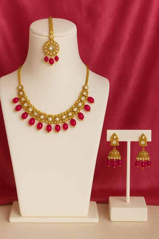 Gold-Plated Kundan Bridal Jewellery Set with Megenta Beads