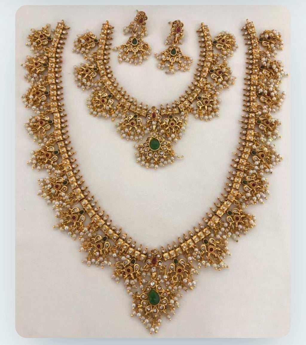 Traditional Gold-Toned Long and Short Necklace Set