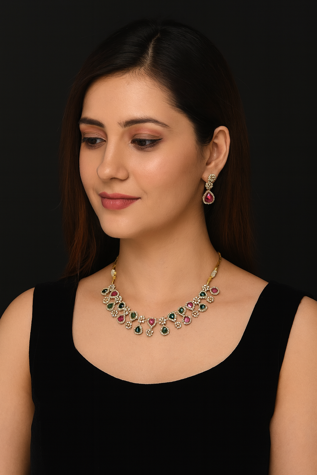 AD Stone Necklace Set – Ruby & Emerald Teardrop Design with Matching Earrings