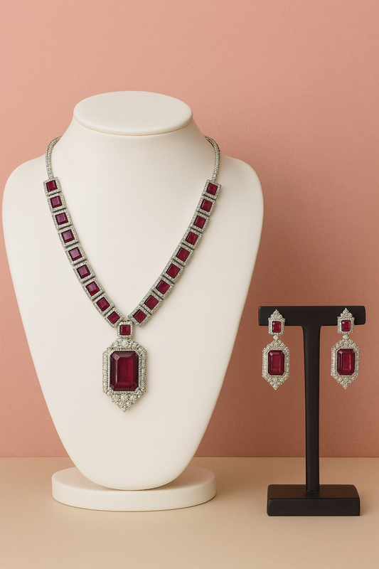 Wine Stone & Diamond Necklace Set